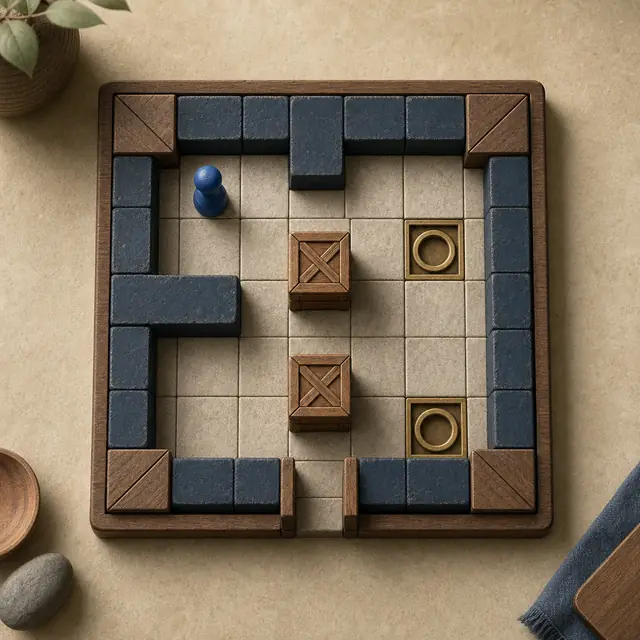Crate Paths. Walk around each room and push every crate onto a goal.