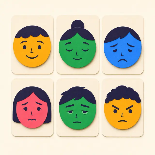 A set of friendly feeling faces supports a private check-in with a grown-up