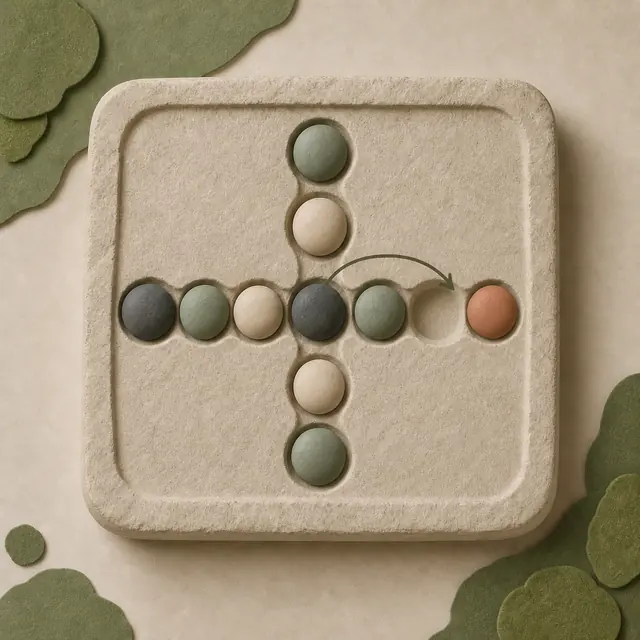 Pebble Leap. Jump, remove, and land one pebble on the marked place.