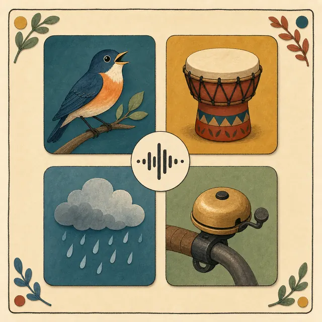 Sound Safari. Listen or look. Find the matching picture.