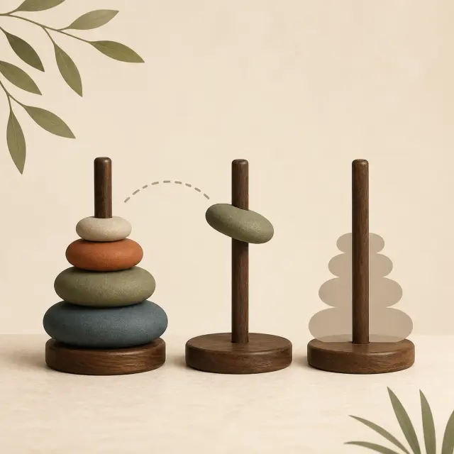 Stacking Stones. Move exposed stones and rebuild each ordered tower.