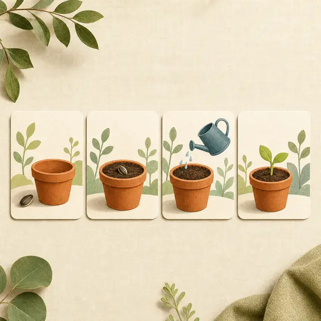 Four picture cards show a seed, planted soil, watering can, and green sprout in order