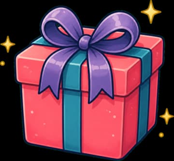 A vivid pink gift box wrapped with a teal and violet bow