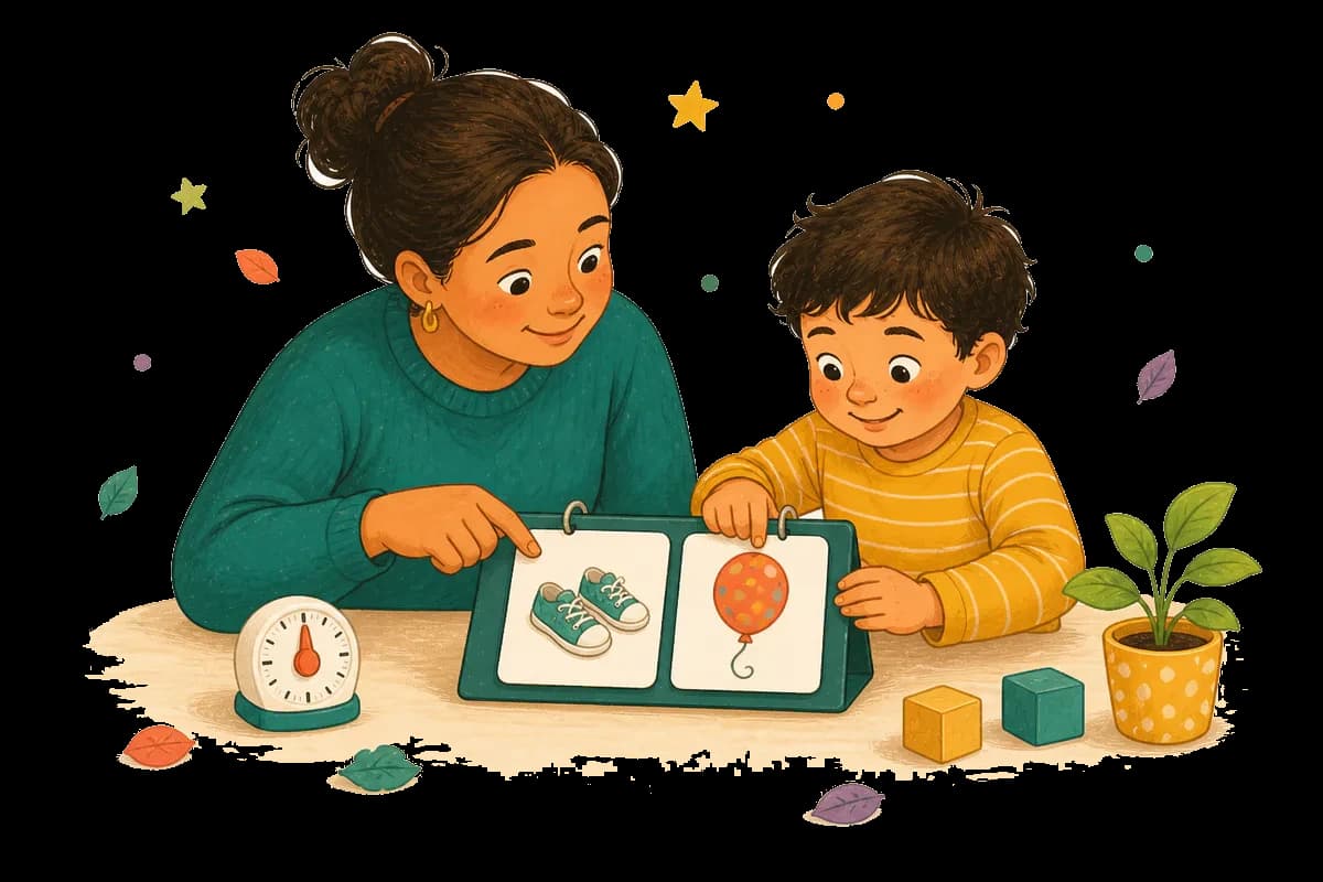 A caregiver and child arranging a picture-based First-Then routine board