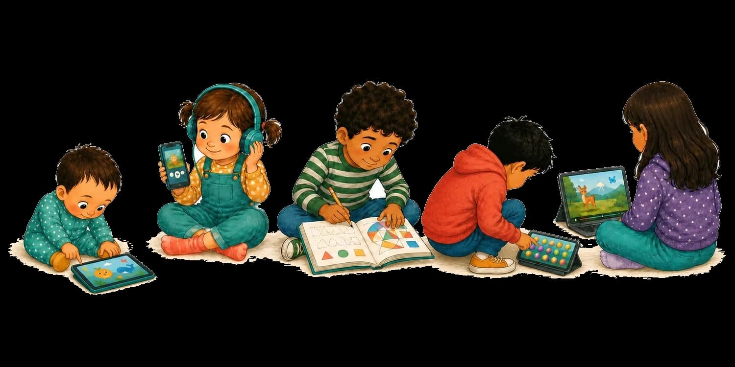 Five children from toddler to preteen years watching a video, listening to an audio story, completing a workbook, and playing a mobile game