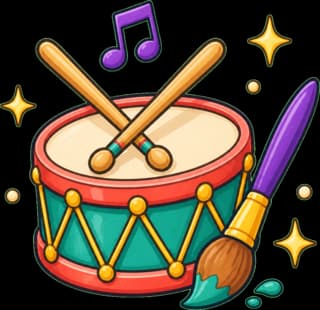 A cheerful drum, paintbrush, and music note