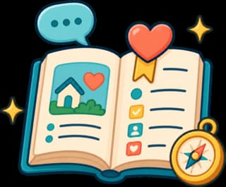 An open family guidebook with a heart bookmark, speech bubble, and compass