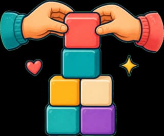 Two hands building a colourful block tower together