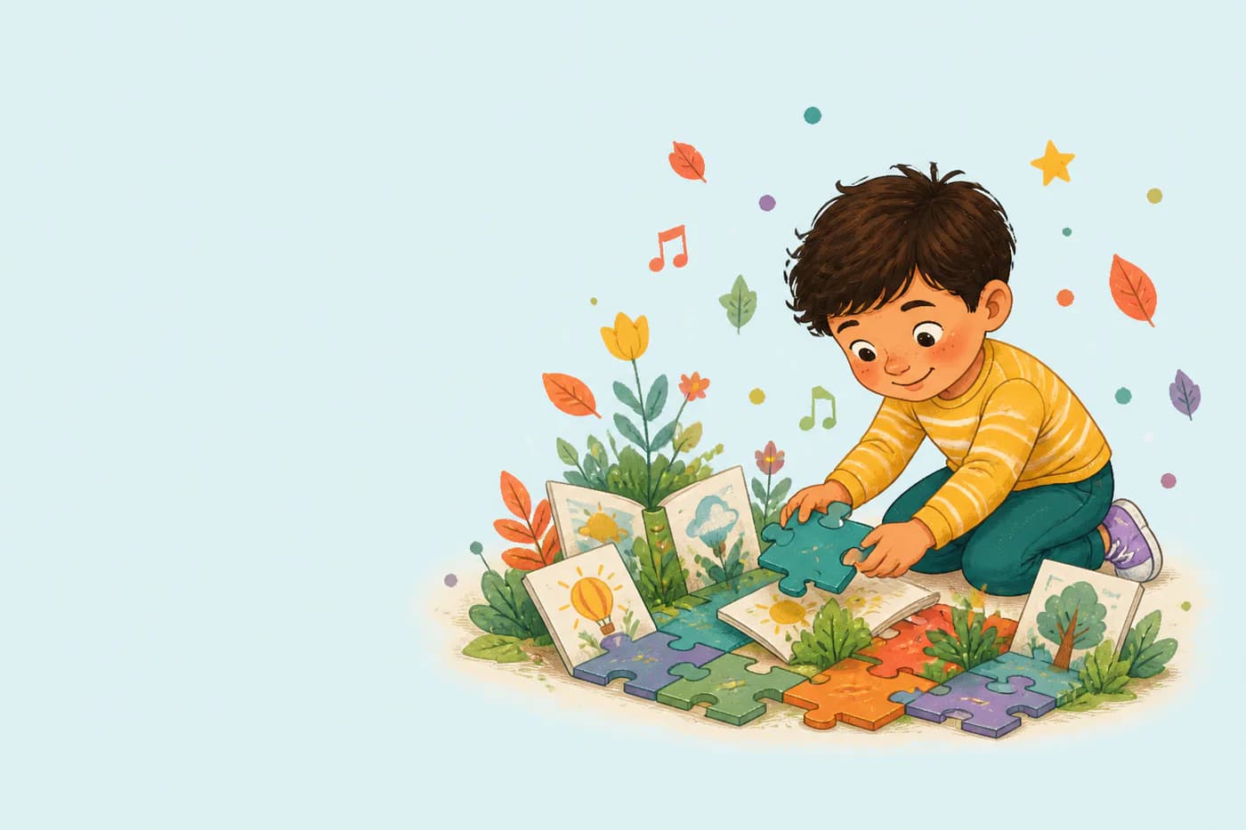 A child growing a playful garden from story cards and puzzle pieces
