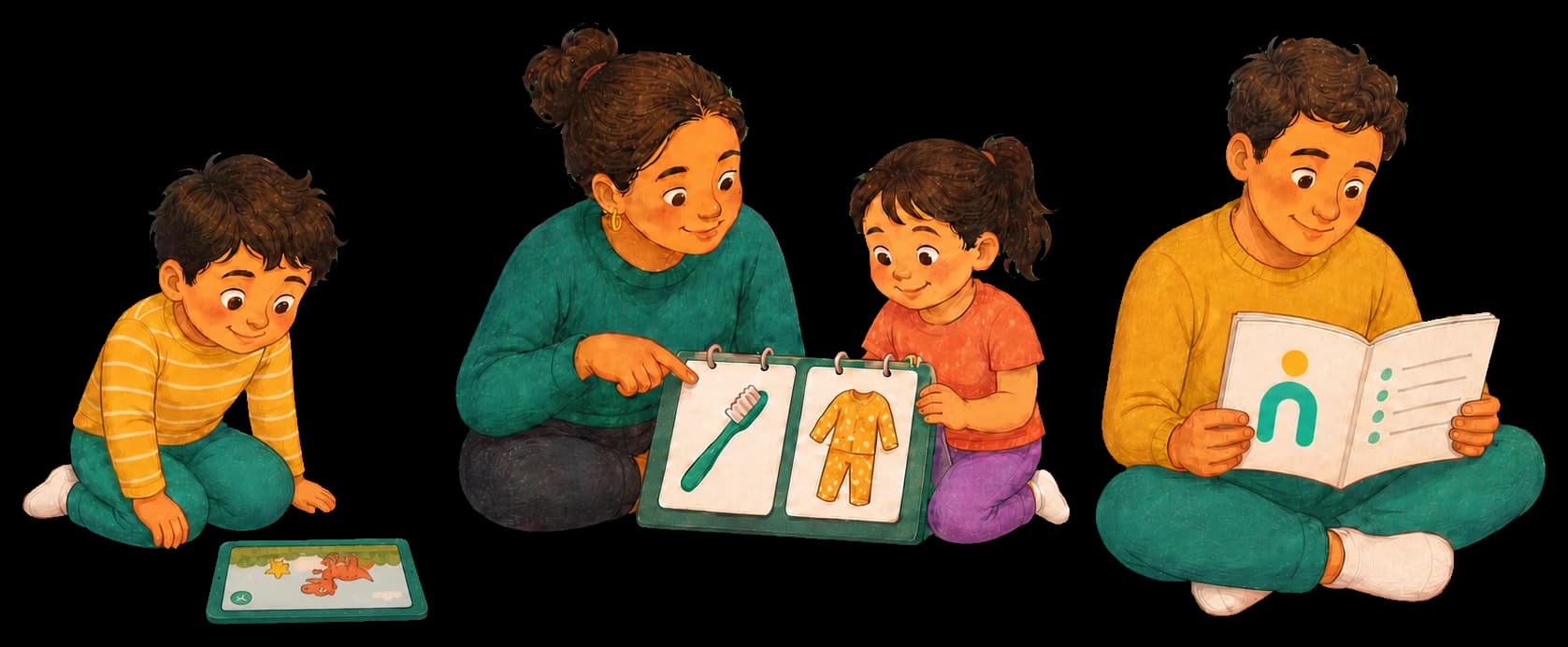 Children playing a tablet game, using a First–Then board, and a parent reading family guidance