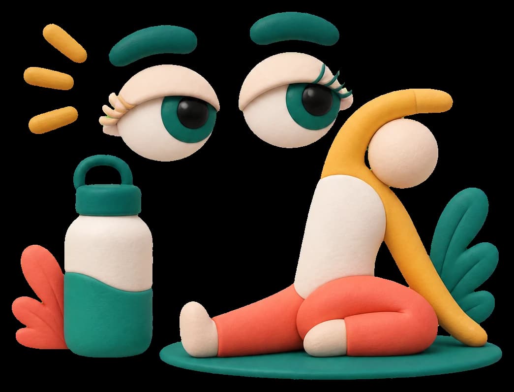 Friendly eyes, a water bottle, and a stretching figure representing healthy breaks