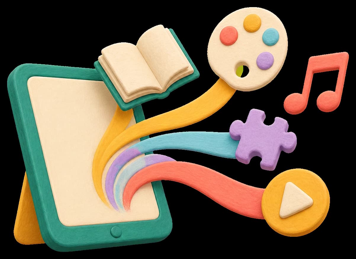 A tablet surrounded by a book, paint palette, music note, puzzle, and play symbol