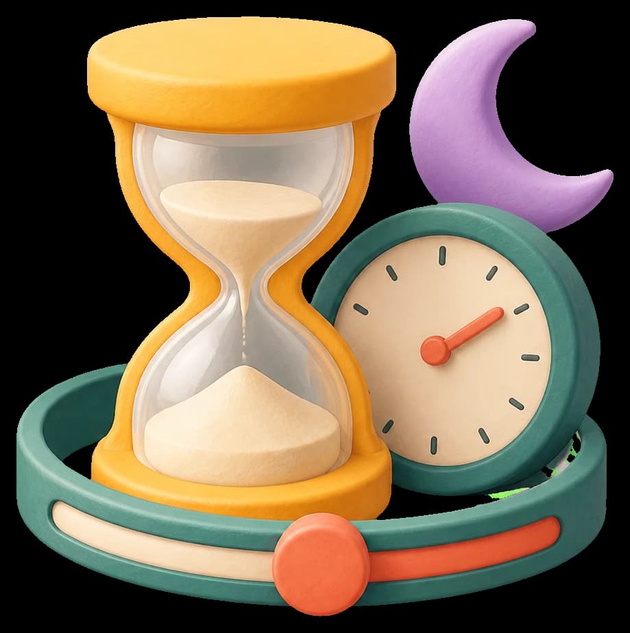 A warm hourglass, clock, moon, and gentle time slider