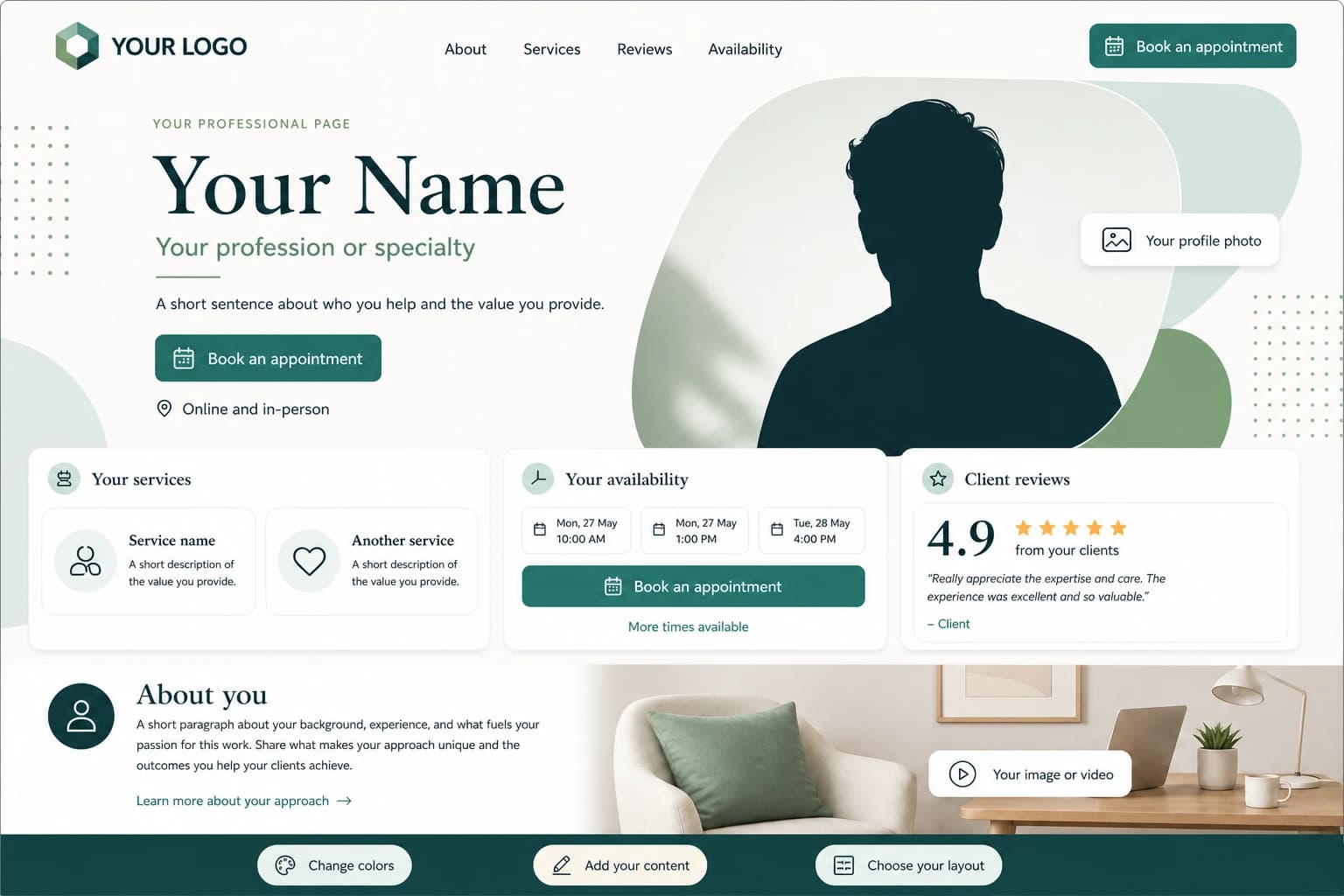 Customisable professional page template with profile, services, reviews, availability and appointment booking